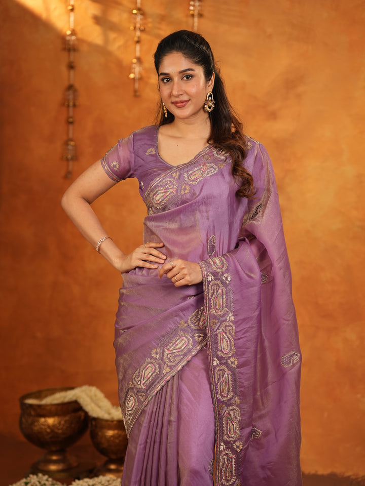 Lavender Purple Fendy Satin Embroidered Saree with Geometric Border & Elegant Designer Pallu | Festive & Wedding Wear Saree with Blouse