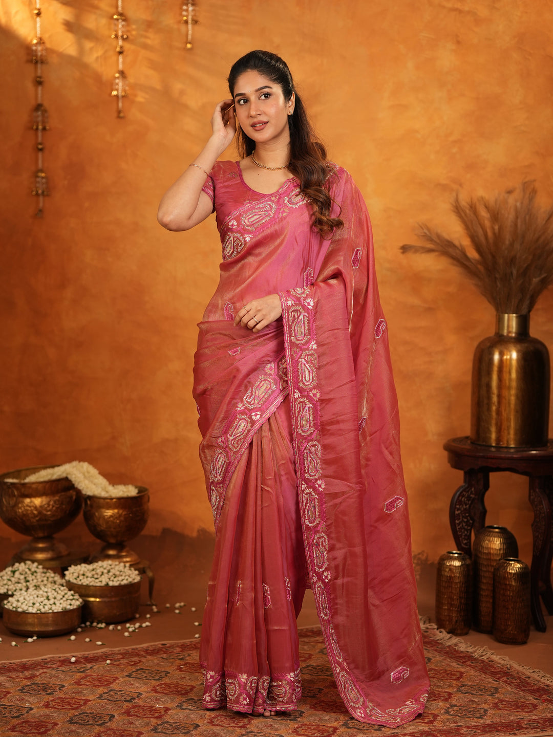 Rose Pink Fendy Satin Embroidered Saree with Geometric Border & Elegant Designer Pallu | Festive & Wedding Wear Saree with Blouse