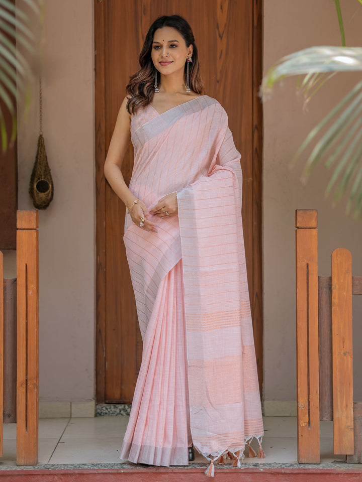 Soft Baby Pink Handloom Cotton Saree with Silver Border & Tassel Detailing