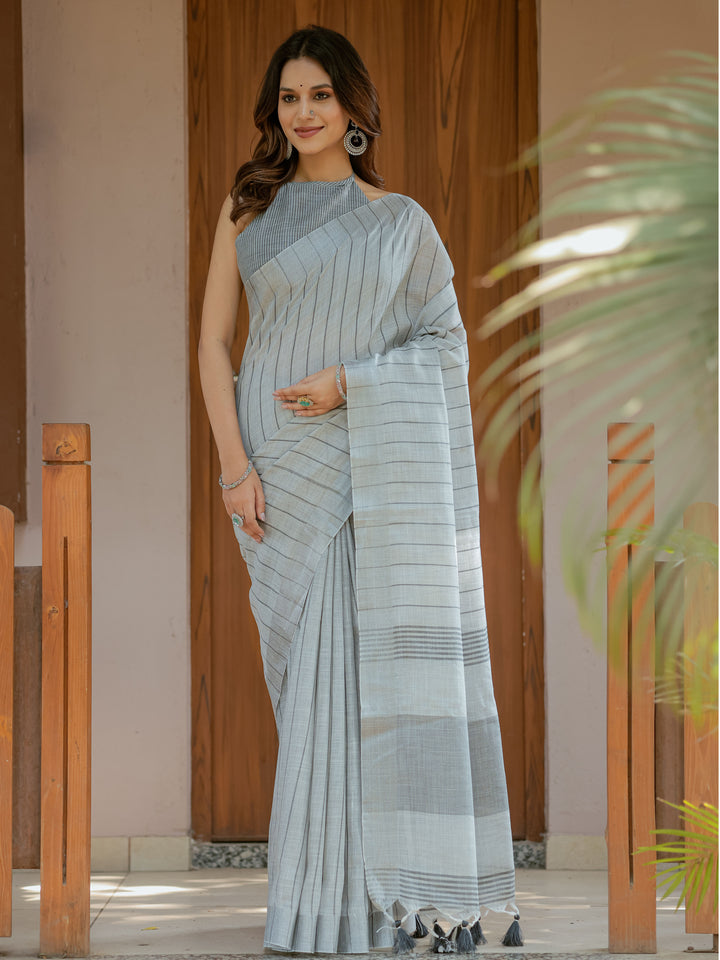 Elegant Ash Grey Handloom Cotton Saree with Minimal Striped Weaving & Tassel Detailing