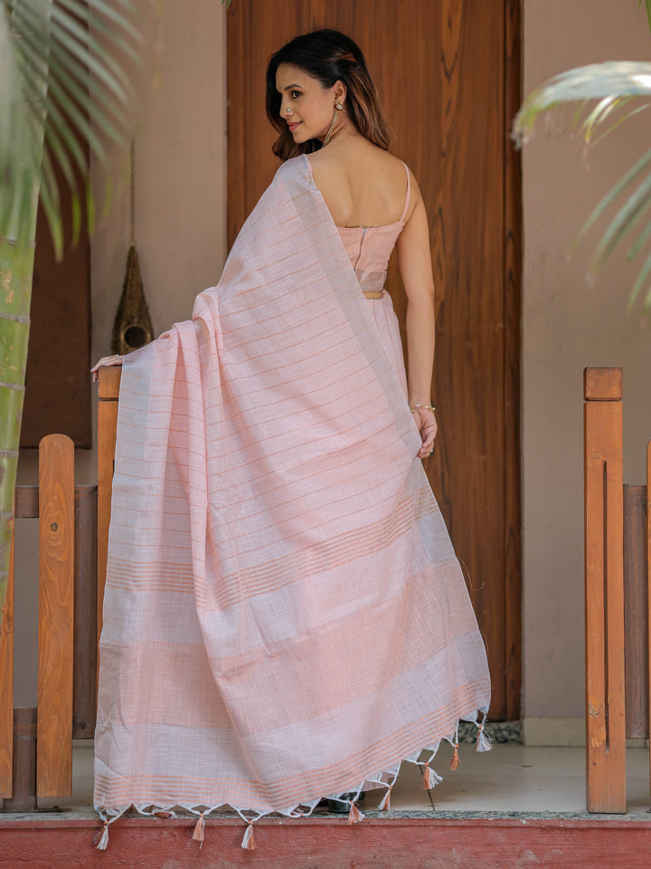 Soft Baby Pink Handloom Cotton Saree with Silver Border & Tassel Detailing