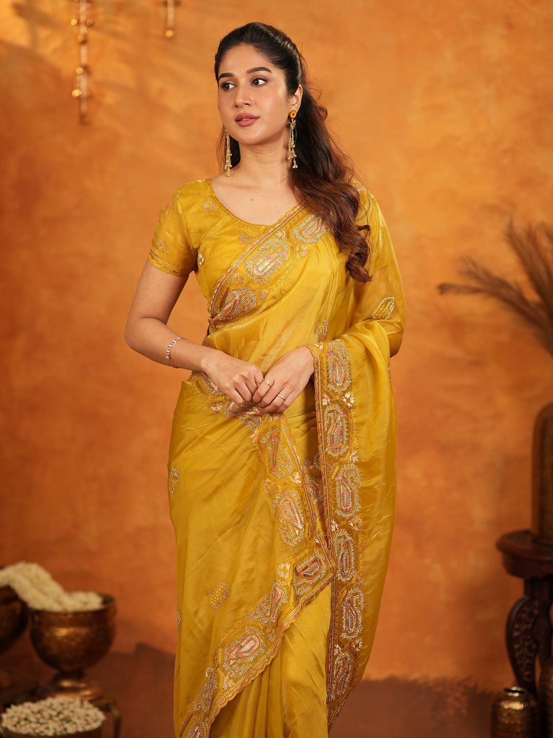 Mustard Yellow Fendy Satin Embroidered Saree with Geometric Border & Rich Designer Pallu | Festive Wedding Wear Saree with Blouse