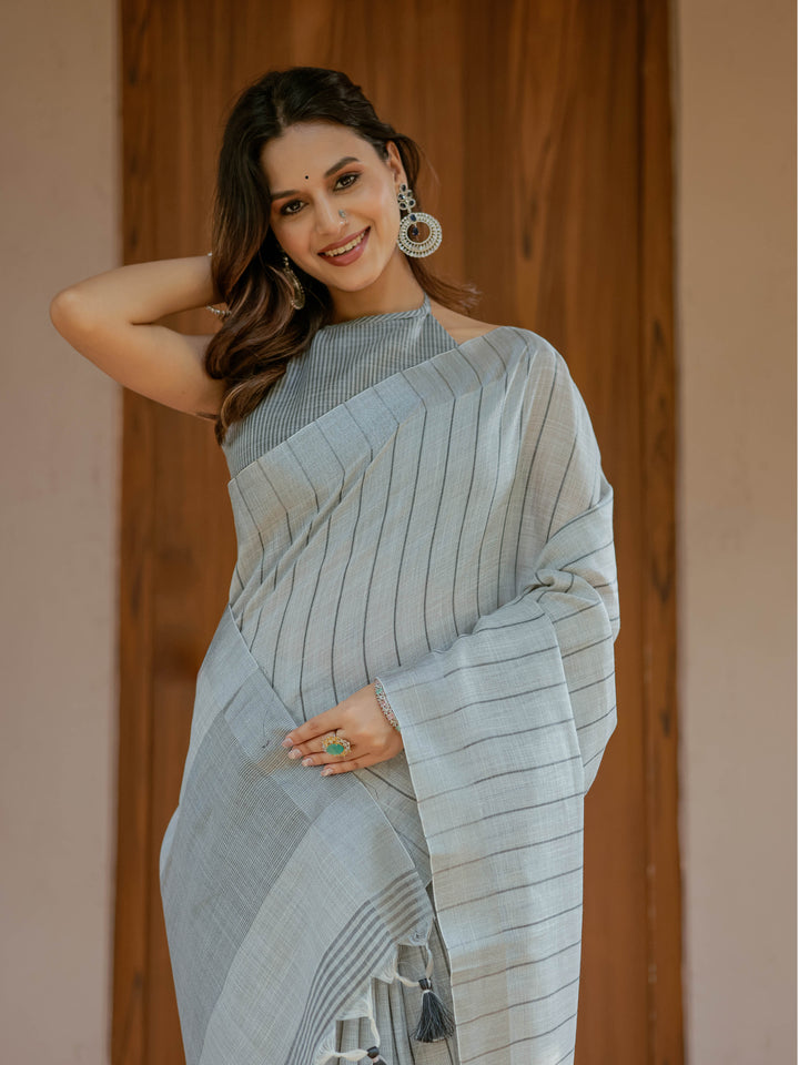 Elegant Ash Grey Handloom Cotton Saree with Minimal Striped Weaving & Tassel Detailing