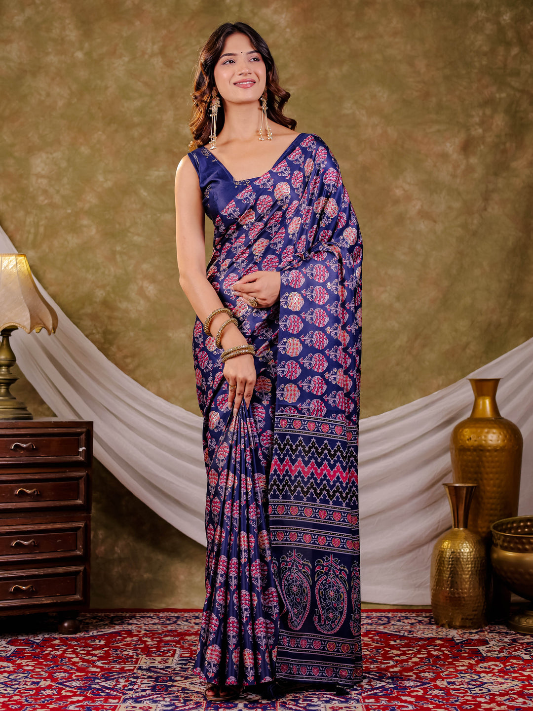 Royal Blue Pure Chinnon Ajrakh Printed Saree with Tassel Edges, Traditional Floral Print & Matching Blouse Piece