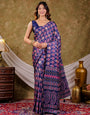 Royal Blue Pure Chinnon Ajrakh Printed Saree with Tassel Edges, Traditional Floral Print & Matching Blouse Piece