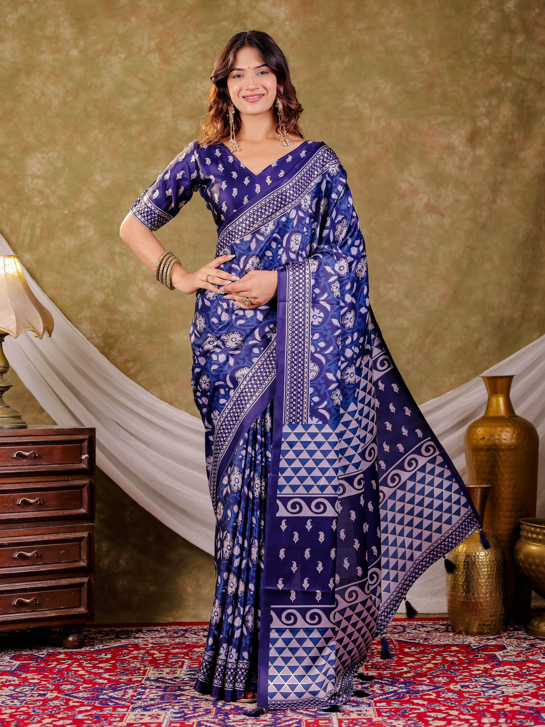 Indigo Blue Pure Chinnon Ajrakh Printed Saree with Tassel Edges, Traditional Floral Print & Matching Blouse Piece