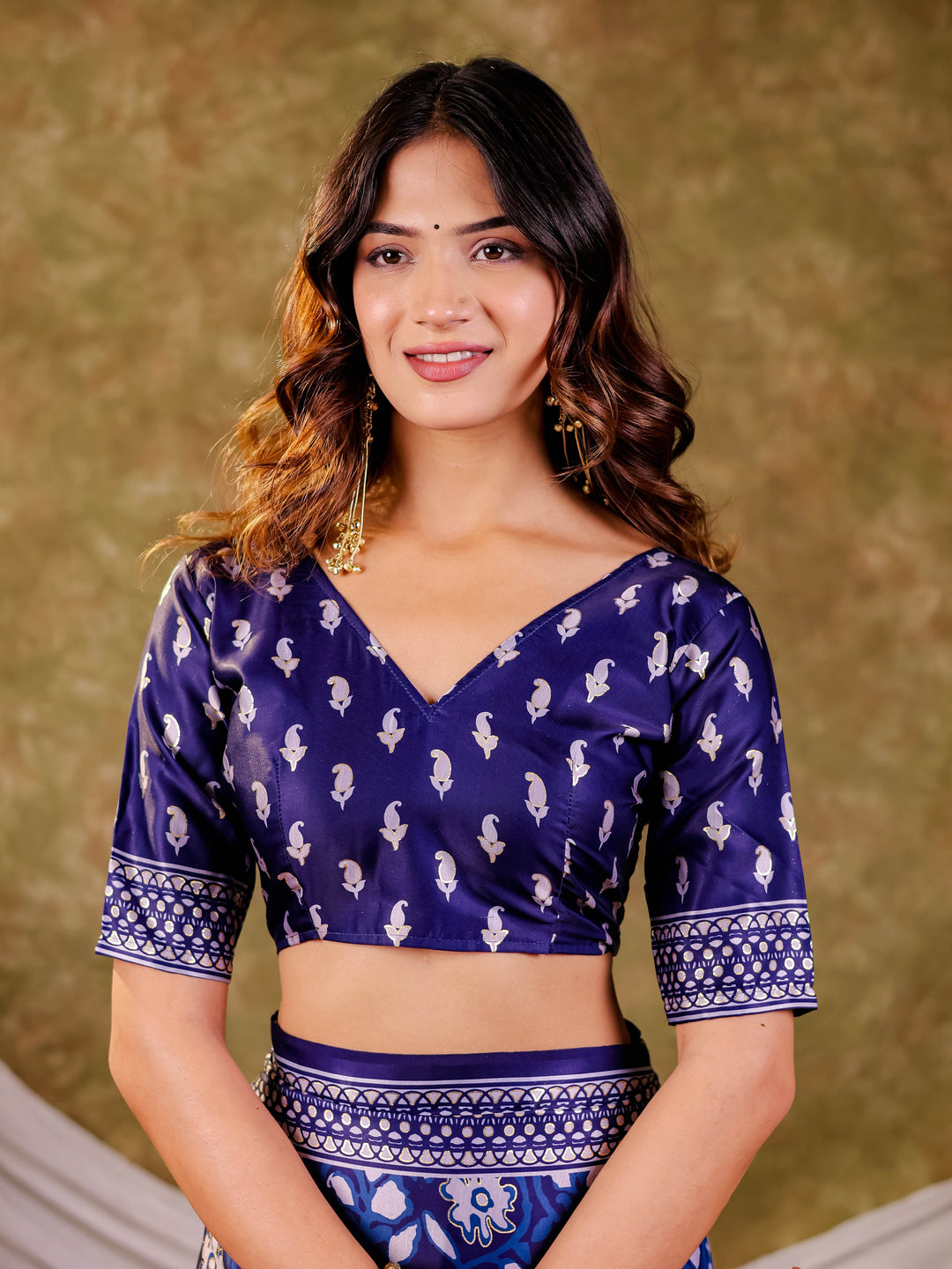 Indigo Blue Pure Chinnon Ajrakh Printed Saree with Tassel Edges, Traditional Floral Print & Matching Blouse Piece