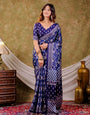 Indigo Blue Pure Chinnon Ajrakh Printed Saree with Tassel Edges, Traditional Floral Print & Matching Blouse Piece