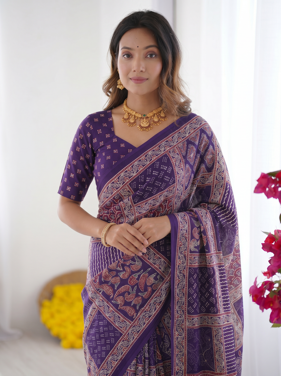 Royal Purple Modal Silk Saree with Tribal & Geometric Print | Designer Ethnic Pallu Saree for Festive Wear