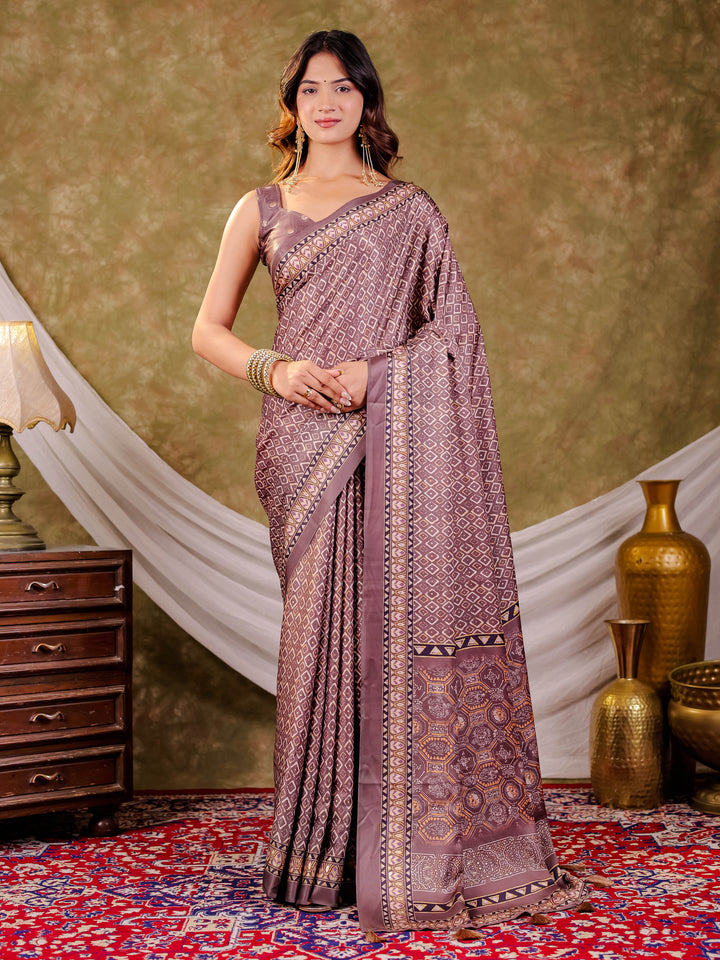 Dusty Mauve Pure Chinnon Ajrakh Printed Saree with Tassel Edges, Traditional Geometric Print & Matching Blouse Piece