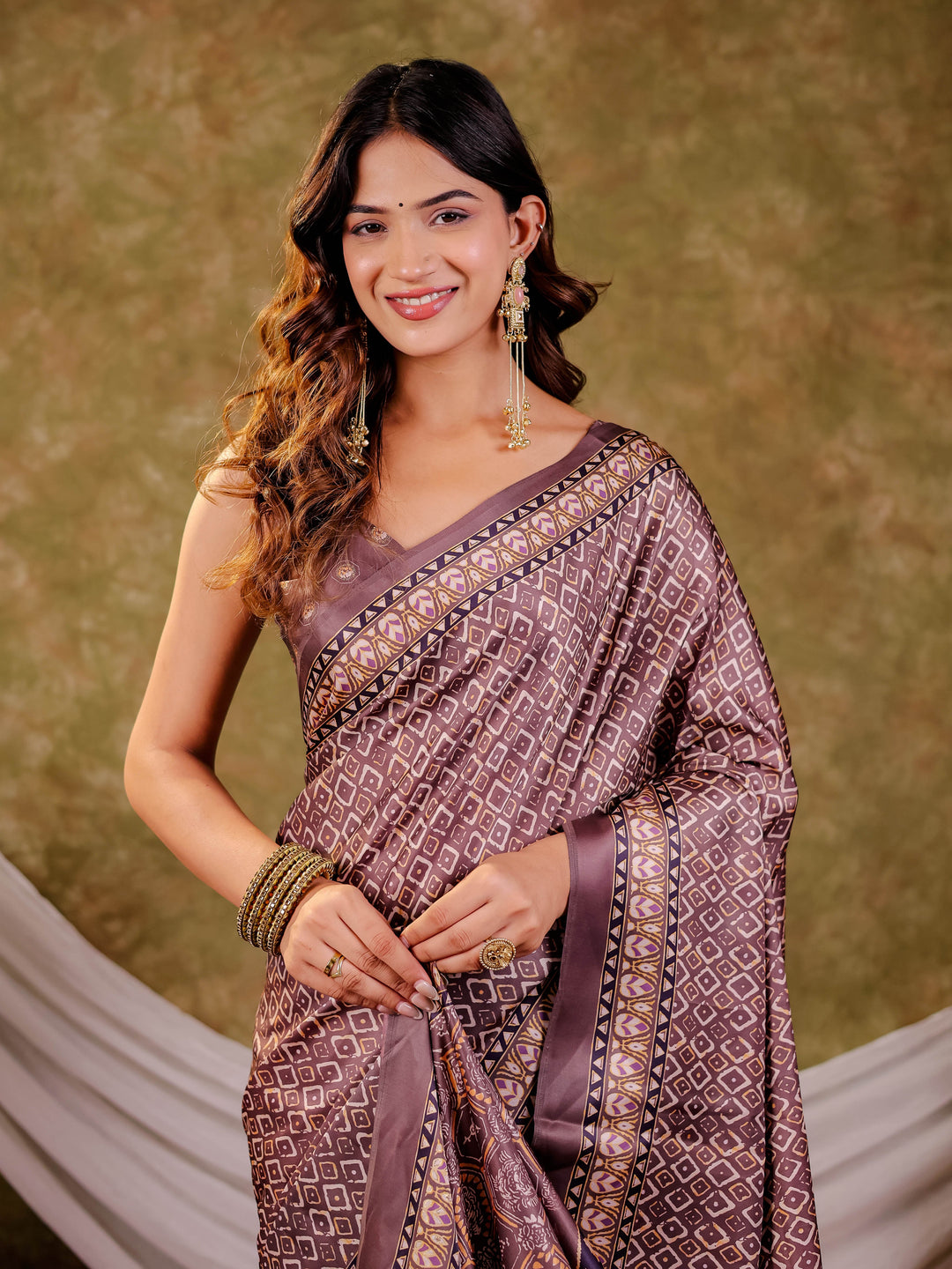 Dusty Mauve Pure Chinnon Ajrakh Printed Saree with Tassel Edges, Traditional Geometric Print & Matching Blouse Piece
