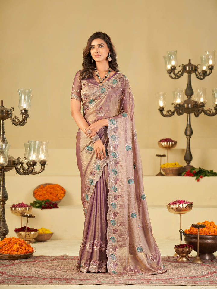 Lavender Designer Fendy Satin Saree with Multicolor Paisley Embroidery & Heavy Embroidered Border | Elegant Festive Party Wear Saree