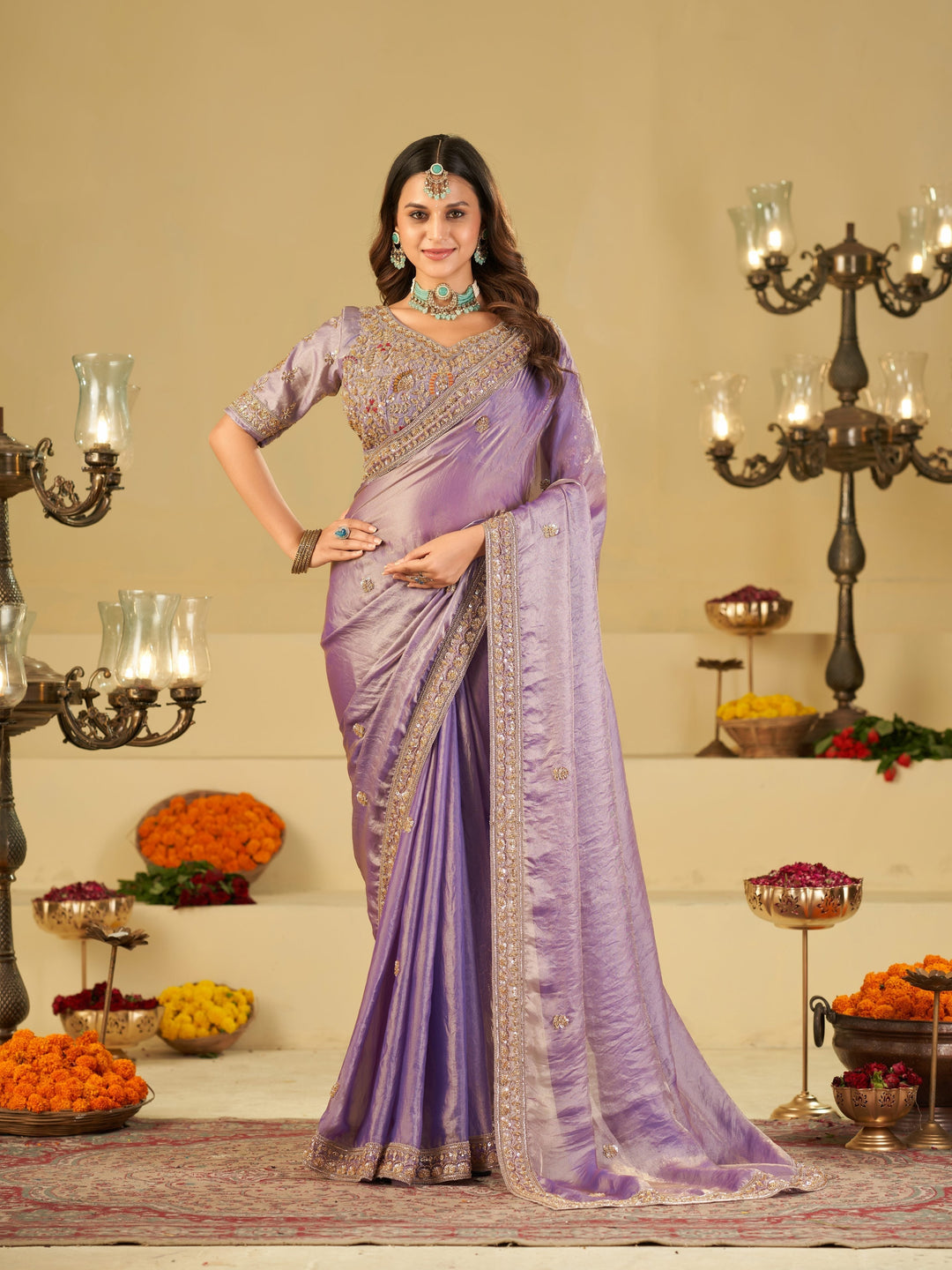 Lavender Designer Fendy Satin Saree with Heavy Embroidered Blouse & Stone Work Border | Premium Wedding Party Wear Saree