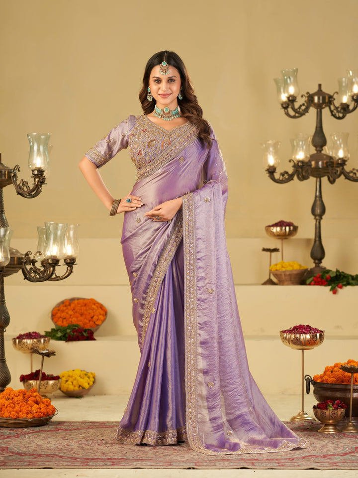 Lavender Designer Fendy Satin Saree with Heavy Embroidered Blouse & Stone Work Border | Premium Wedding Party Wear Saree