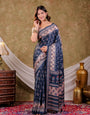 Navy Blue Pure Chinnon Ajrakh Printed Saree with Tassel Edges, Traditional Geometric Print & Matching Blouse Piece