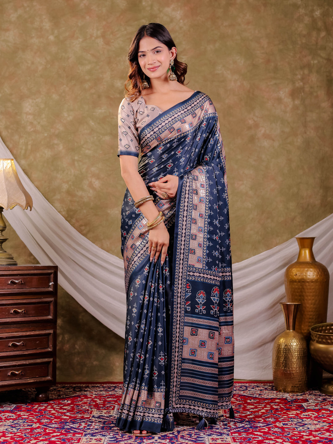 Navy Blue Pure Chinnon Ajrakh Printed Saree with Tassel Edges, Traditional Geometric Print & Matching Blouse Piece