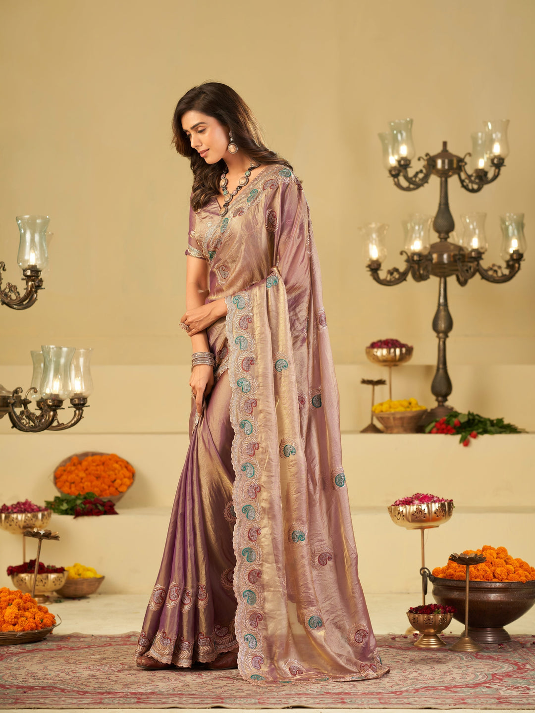 Lavender Designer Fendy Satin Saree with Multicolor Paisley Embroidery & Heavy Embroidered Border | Elegant Festive Party Wear Saree