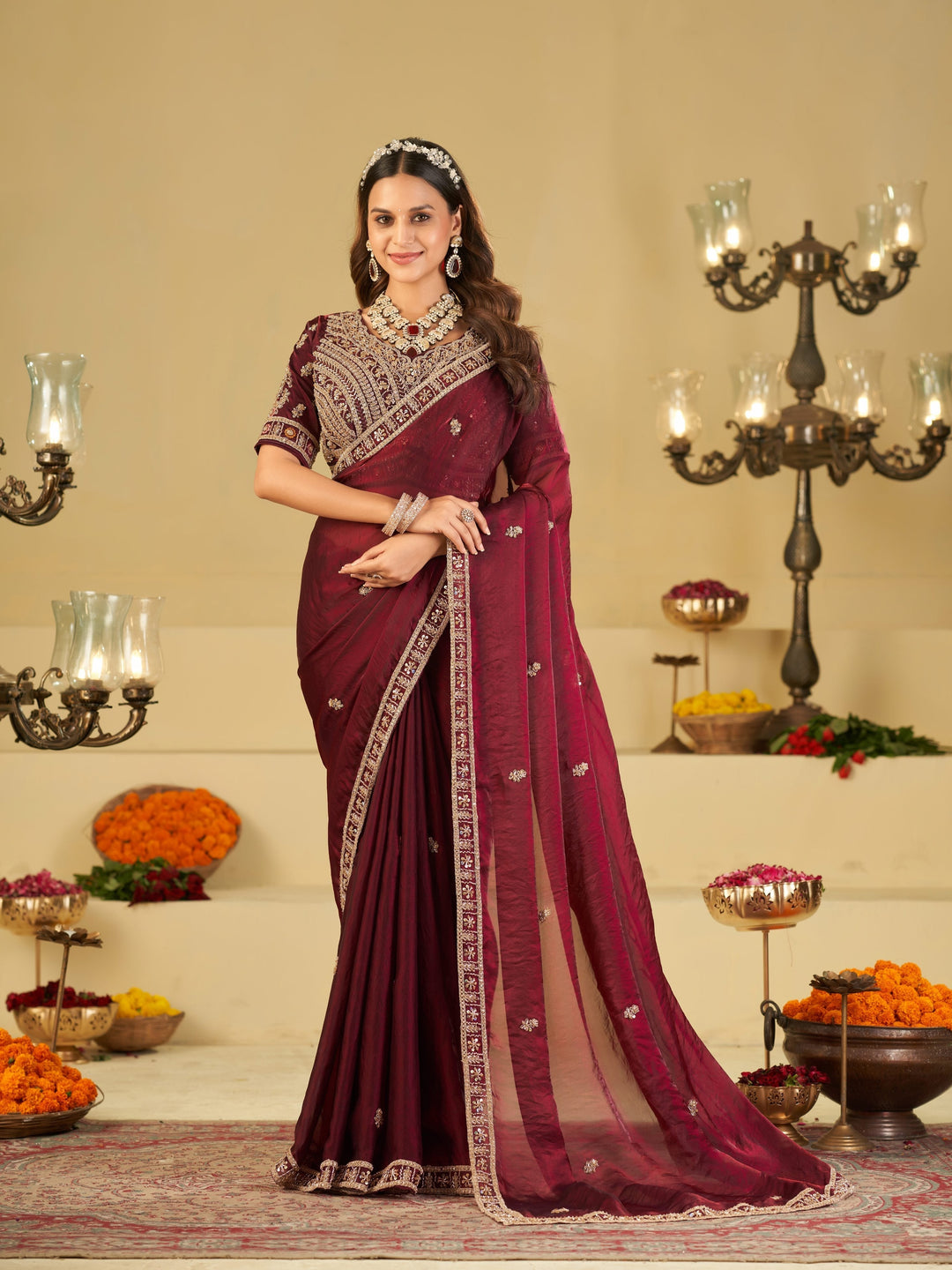 Wine Purple Designer Fendy Satin Saree with Heavy Embroidered Blouse & Zari Border | Premium Wedding & Festive Wear Saree