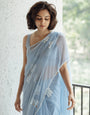 Sky Blue Pure Georgette Hand-Painted Floral Saree with Sequins & Pearl Detailing | Satin Blouse