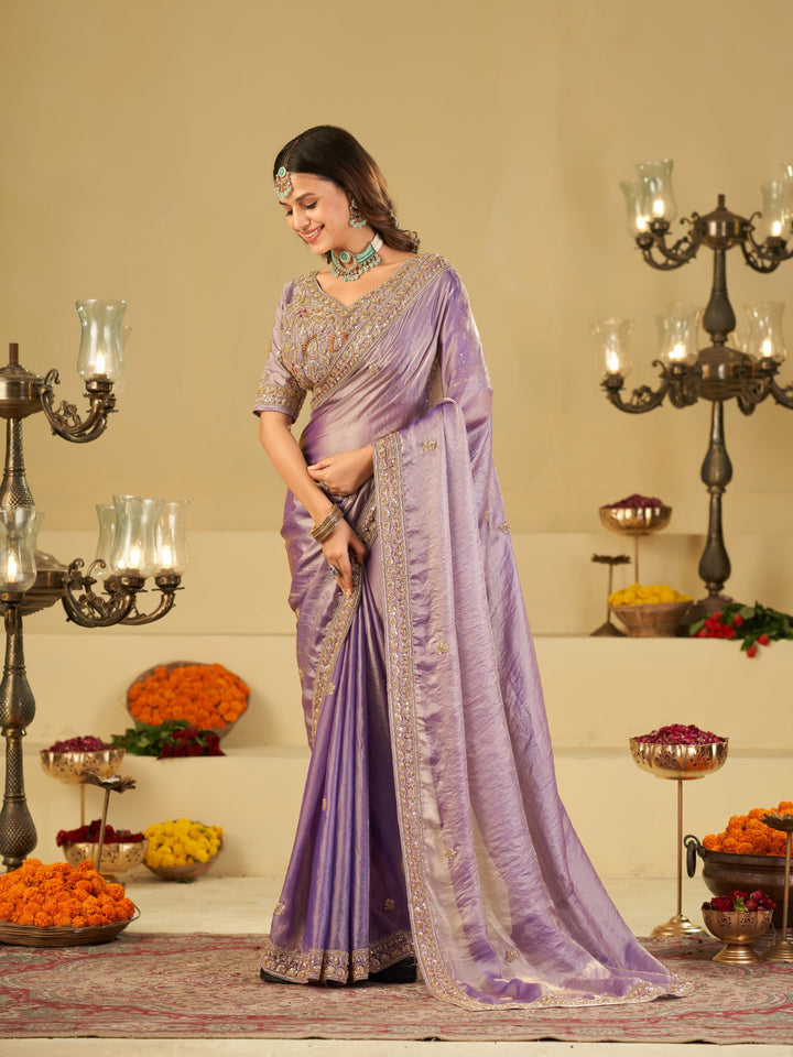 Lavender Designer Fendy Satin Saree with Heavy Embroidered Blouse & Stone Work Border | Premium Wedding Party Wear Saree
