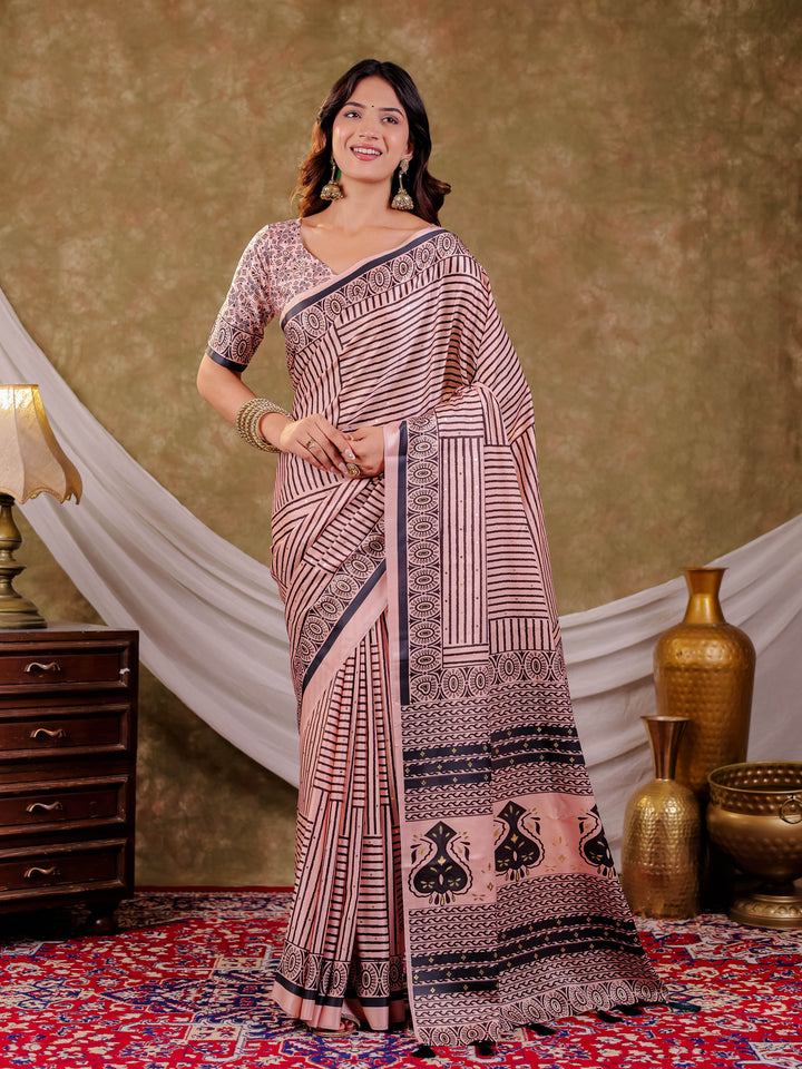 Blush Pink Pure Chinnon Ajrakh Printed Saree with Tassel Edges, Traditional Stripe Print & Matching Blouse Piece