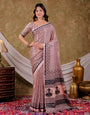 Blush Pink Pure Chinnon Ajrakh Printed Saree with Tassel Edges, Traditional Stripe Print & Matching Blouse Piece