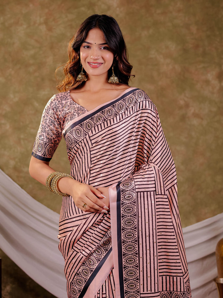 Blush Pink Pure Chinnon Ajrakh Printed Saree with Tassel Edges, Traditional Stripe Print & Matching Blouse Piece