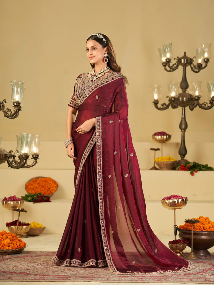 Wine Purple Designer Fendy Satin Saree with Heavy Embroidered Blouse & Zari Border | Premium Wedding & Festive Wear Saree