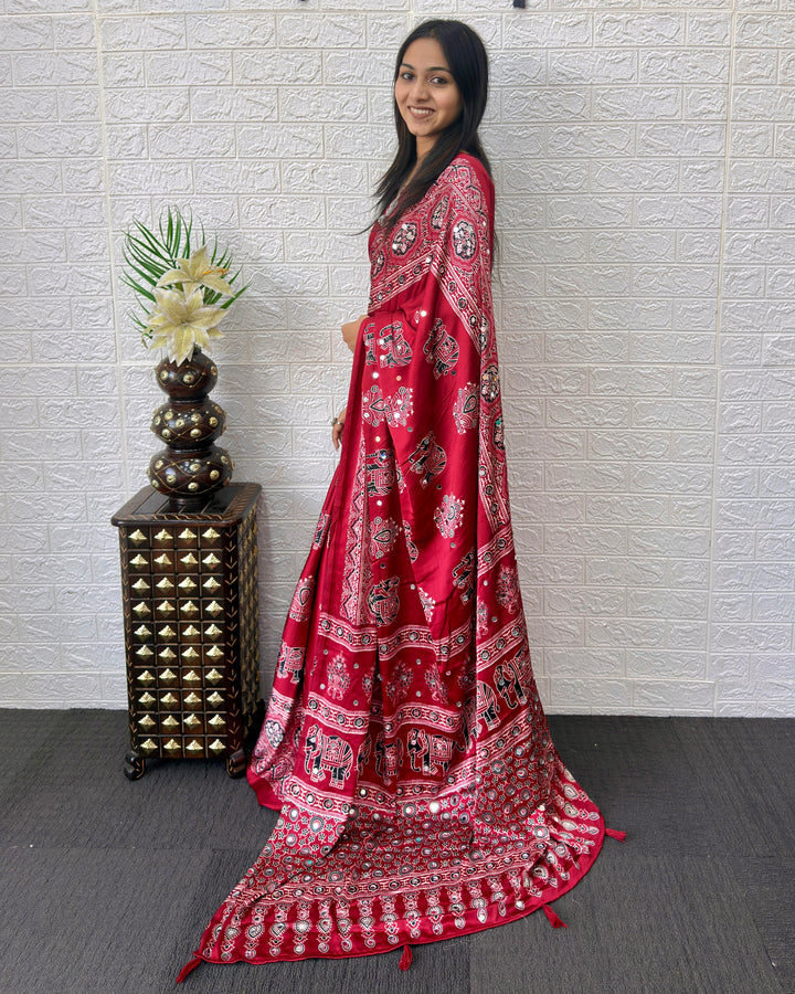 Maroon Modal Silk Ajrakh Print Saree with Traditional Elephant Motifs, Designer Pallu & Tassels | Festive & Ethnic Wear Saree