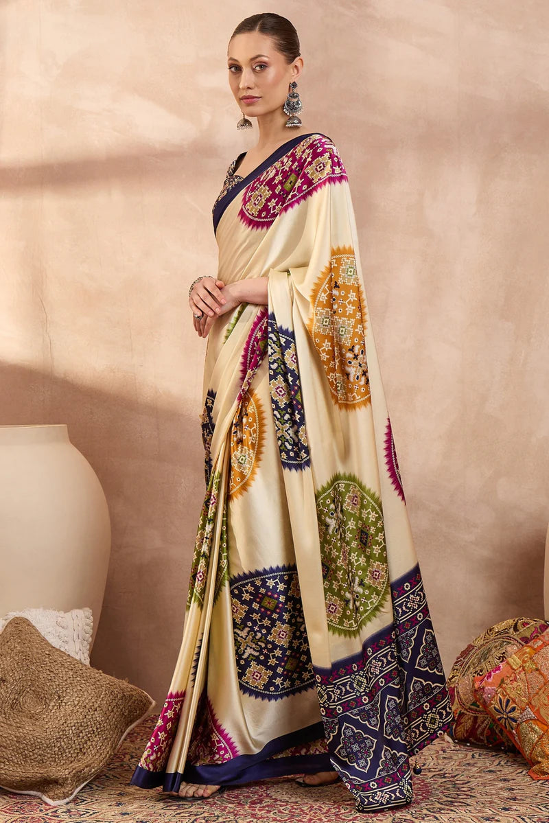Cream Modal Silk Saree with Multicolor Patola-Inspired Print & Royal Purple Border | Designer Festive Wear Saree