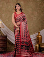 Brick Red Pure Chinnon Ajrakh Printed Saree with Tassel Edges, Chevron Zigzag Print, Designer Border & Matching Blouse Piece