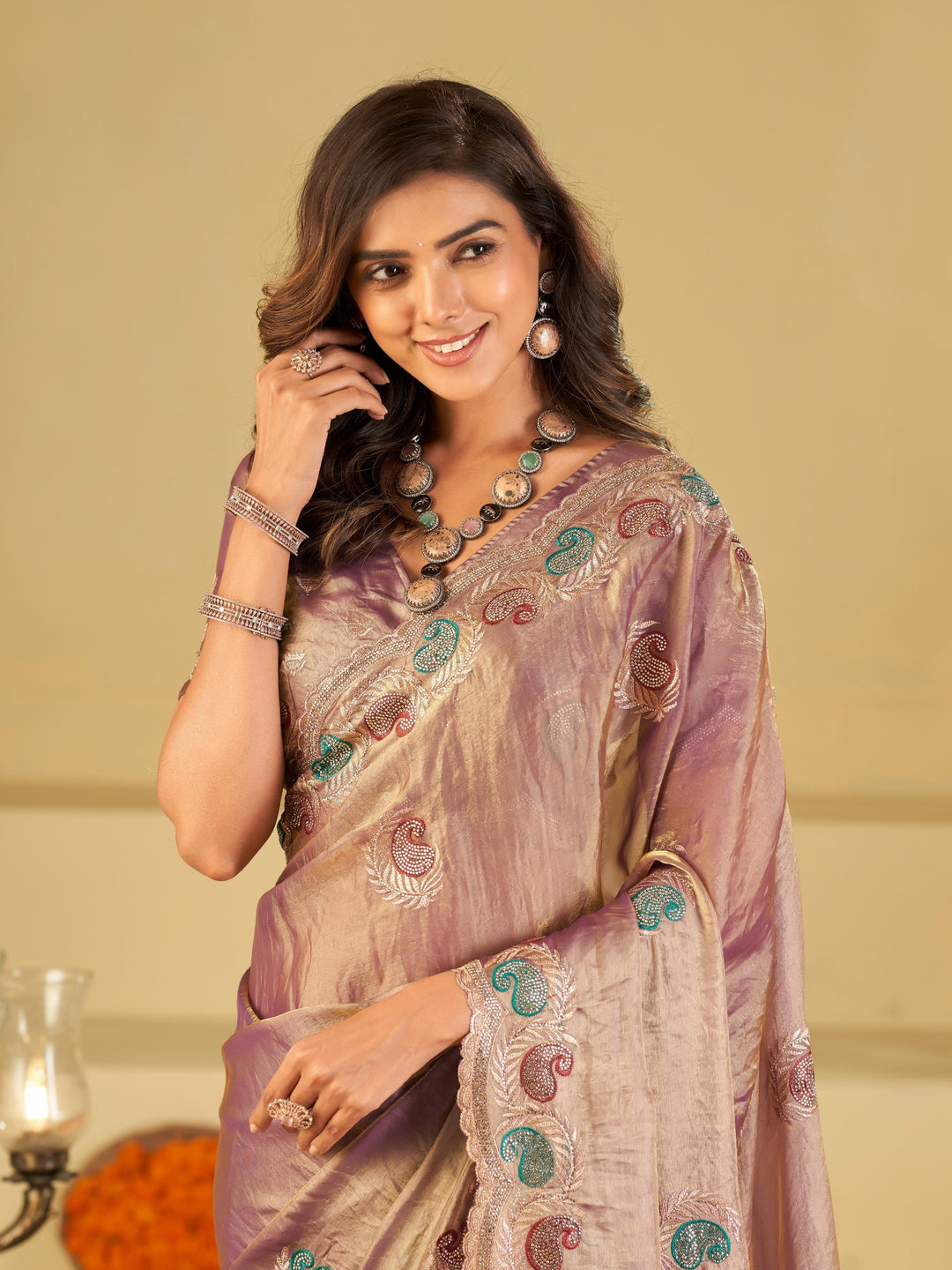 Lavender Designer Fendy Satin Saree with Multicolor Paisley Embroidery & Heavy Embroidered Border | Elegant Festive Party Wear Saree