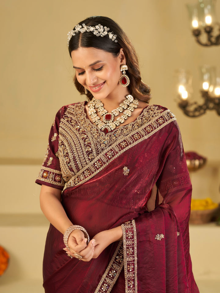 Wine Purple Designer Fendy Satin Saree with Heavy Embroidered Blouse & Zari Border | Premium Wedding & Festive Wear Saree
