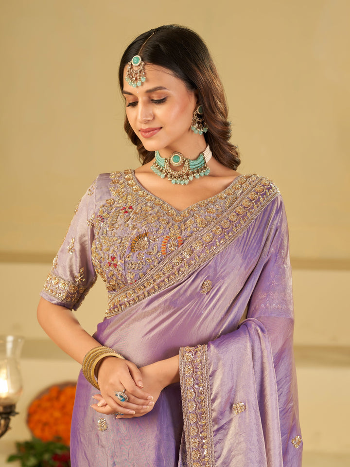 Lavender Designer Fendy Satin Saree with Heavy Embroidered Blouse & Stone Work Border | Premium Wedding Party Wear Saree