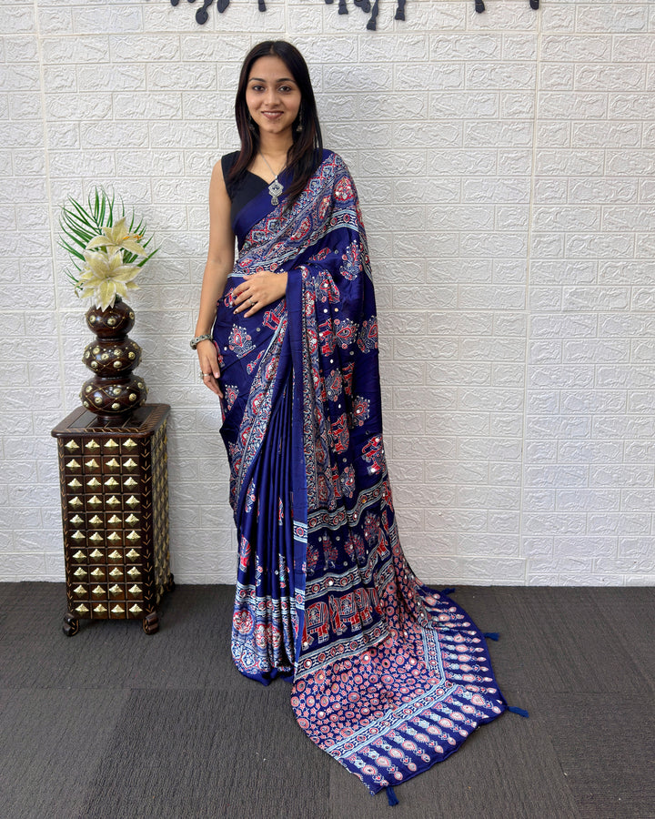 Royal Blue Modal Silk Saree with Elephant Motif Heritage Print & Designer Pallu | Traditional Festive Wear Saree