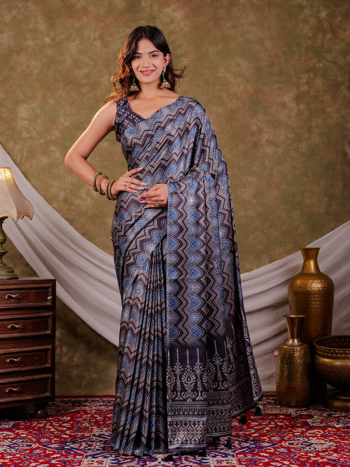 Slate Grey Pure Chinnon Ajrakh Printed Saree with Tassel Edges, Chevron Geometric Print, Designer Ethnic Border & Matching Blouse Piece