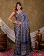 Slate Grey Pure Chinnon Ajrakh Printed Saree with Tassel Edges, Chevron Geometric Print, Designer Ethnic Border & Matching Blouse Piece