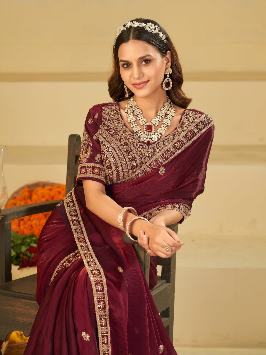 Wine Purple Designer Fendy Satin Saree with Heavy Embroidered Blouse & Zari Border | Premium Wedding & Festive Wear Saree