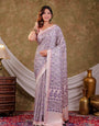 Lavender Floral Pure Chinnon Saree with Designer Border, All-Over Botanical Print, Tassel Edges & Matching Blouse Piece