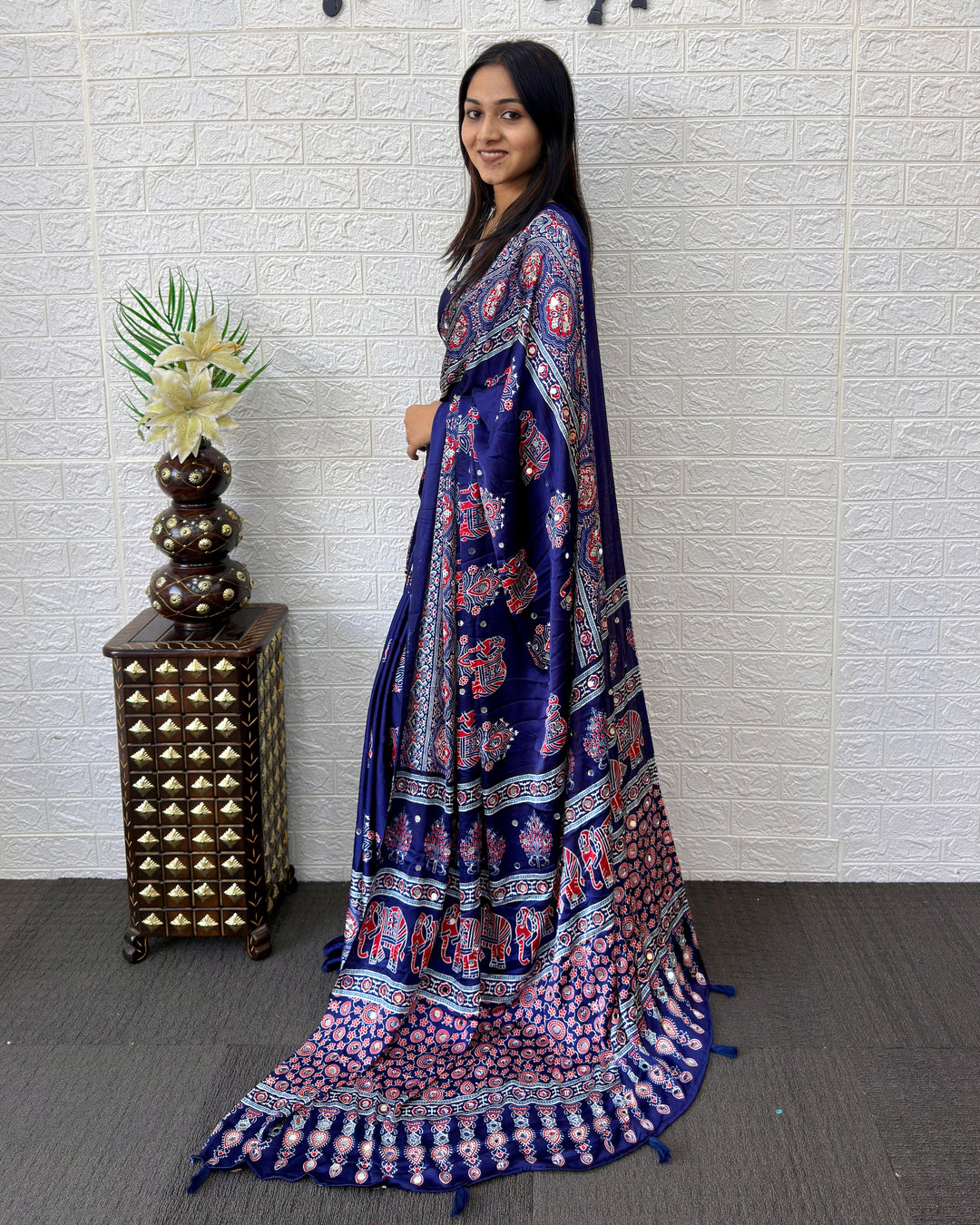 Royal Blue Modal Silk Saree with Elephant Motif Heritage Print & Designer Pallu | Traditional Festive Wear Saree