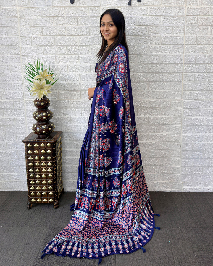 Royal Blue Modal Silk Saree with Elephant Motif Heritage Print & Designer Pallu | Traditional Festive Wear Saree
