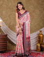 Ivory White Pure Chinnon Floral Printed Saree with Burgundy Border, Designer Pallu, Tassel Edges & Matching Blouse Piece
