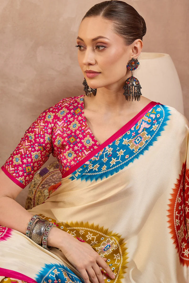 Cream Modal Silk Saree with Multicolor Patola-Inspired Print & Rani Pink Border | Designer Festive Wear Saree