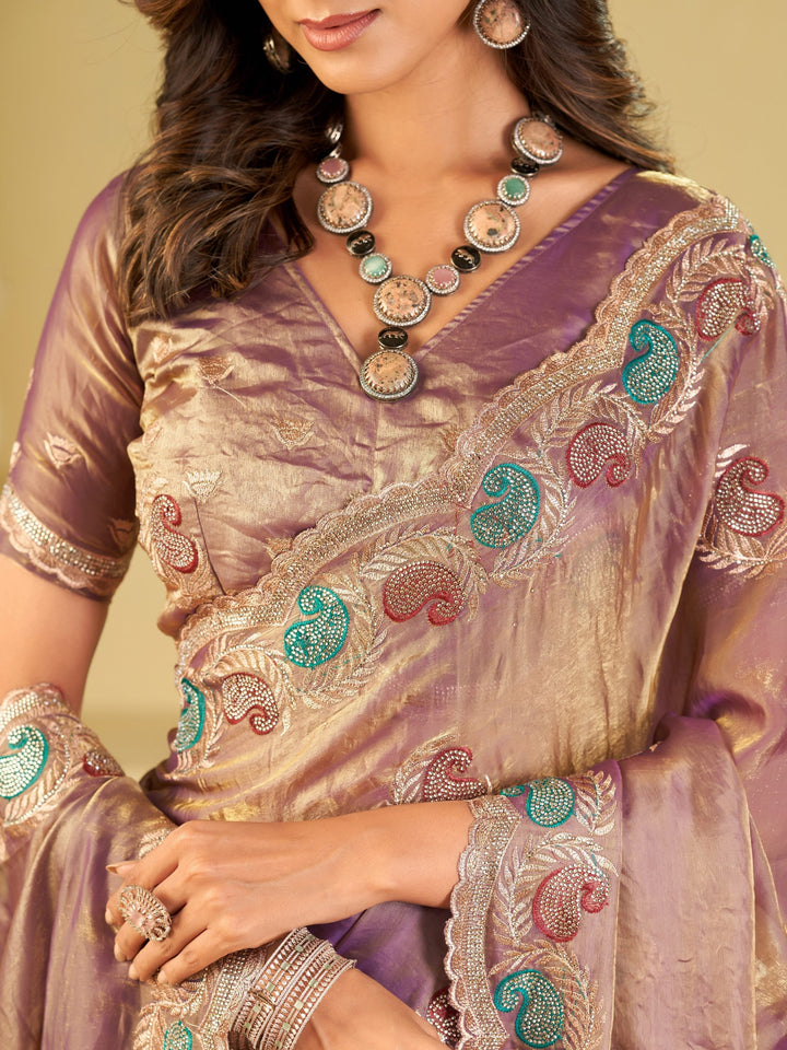 Lavender Designer Fendy Satin Saree with Multicolor Paisley Embroidery & Heavy Embroidered Border | Elegant Festive Party Wear Saree