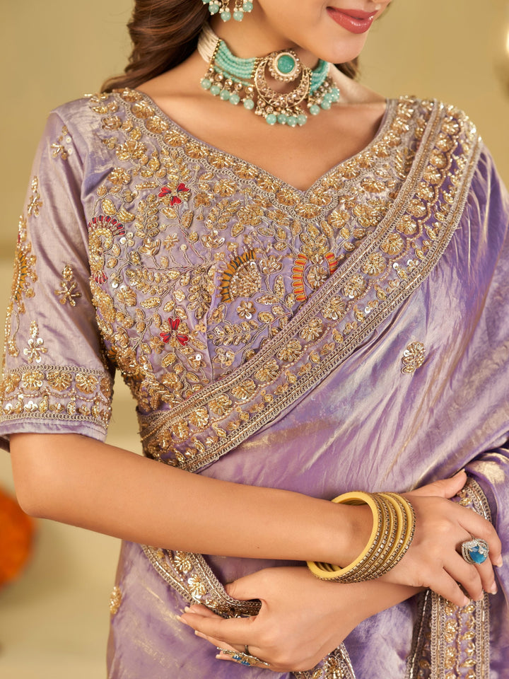 Lavender Designer Fendy Satin Saree with Heavy Embroidered Blouse & Stone Work Border | Premium Wedding Party Wear Saree
