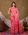 Coral Pink Pure Chinnon Batik Printed Saree with Foil Detailing, Designer Border, Tassel Edges & Matching Blouse Piece