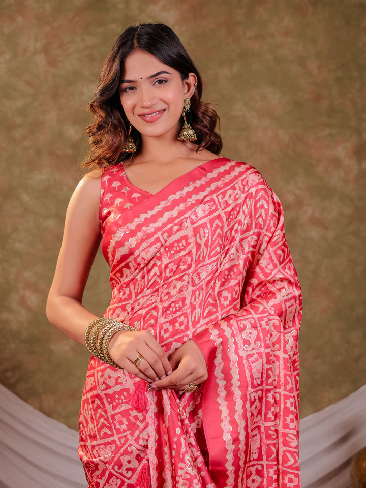 Coral Pink Pure Chinnon Batik Printed Saree with Foil Detailing, Designer Border, Tassel Edges & Matching Blouse Piece