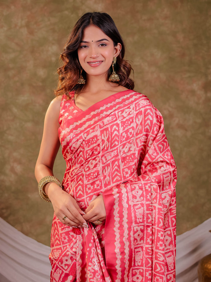 Coral Pink Pure Chinnon Batik Printed Saree with Foil Detailing, Designer Border, Tassel Edges & Matching Blouse Piece