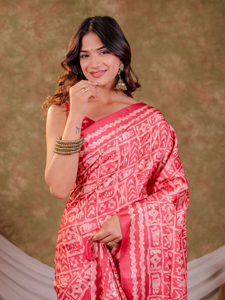 Coral Pink Pure Chinnon Batik Printed Saree with Foil Detailing, Designer Border, Tassel Edges & Matching Blouse Piece