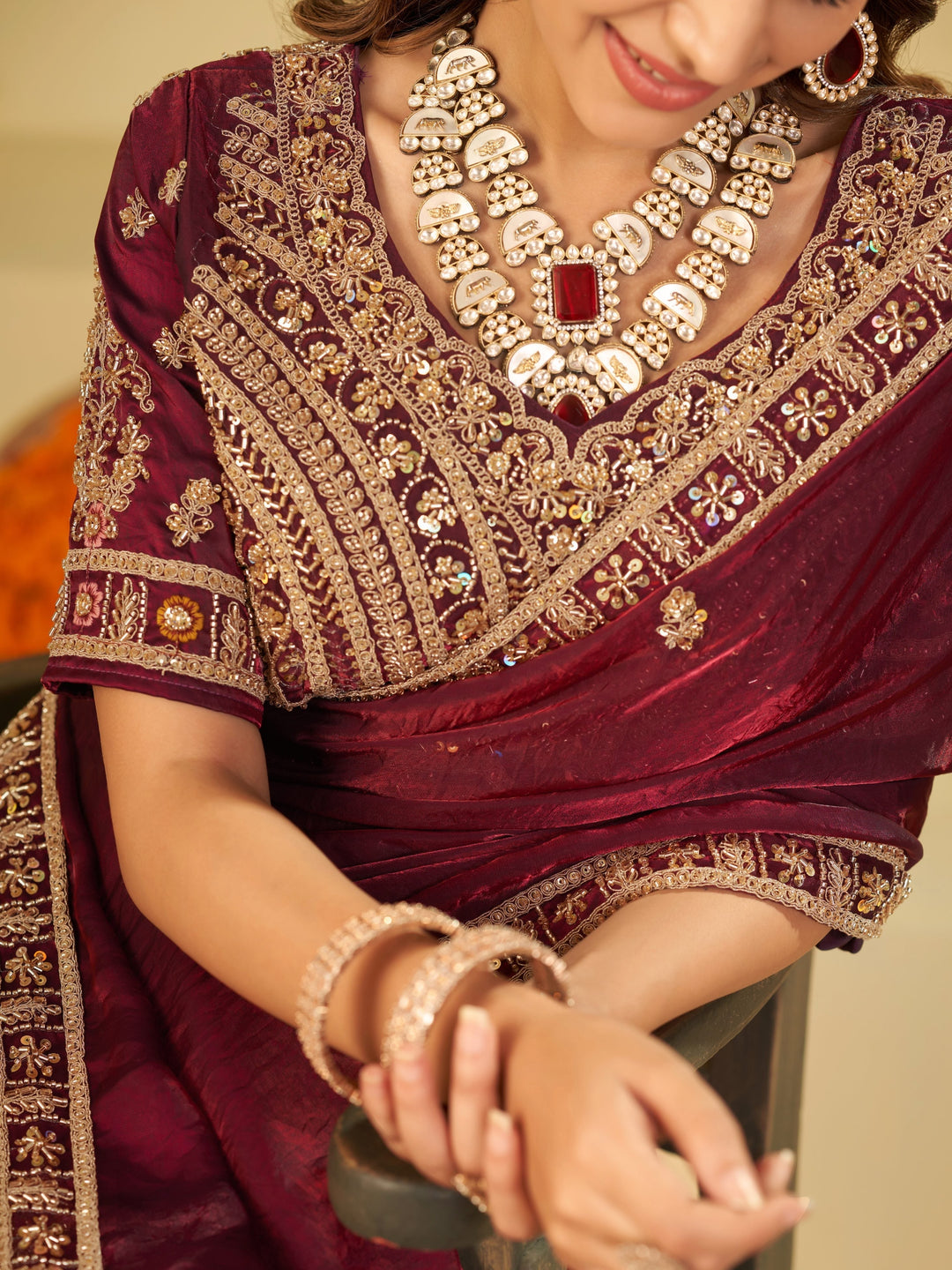 Wine Purple Designer Fendy Satin Saree with Heavy Embroidered Blouse & Zari Border | Premium Wedding & Festive Wear Saree